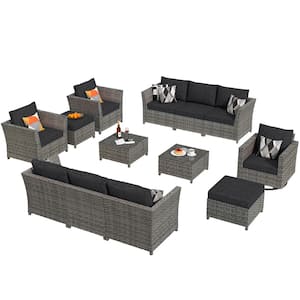 Bexley Gray 13-Piece Wicker Patio Conversation Seating Set with Black Cushions and Swivel Chairs