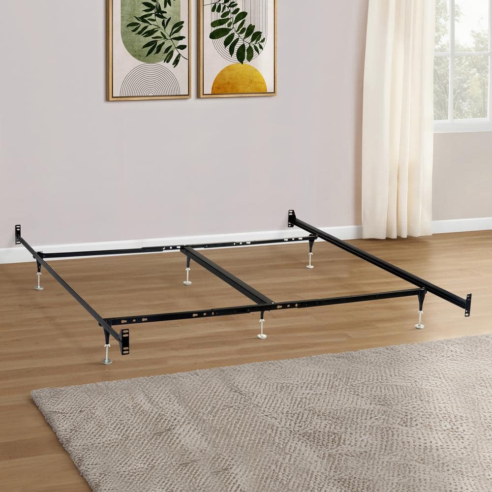 Black Metal Queen Bed Frame with Upholstered Headboard