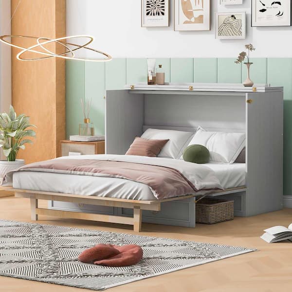 White Wood Frame Queen Murphy Bed with Large Drawers