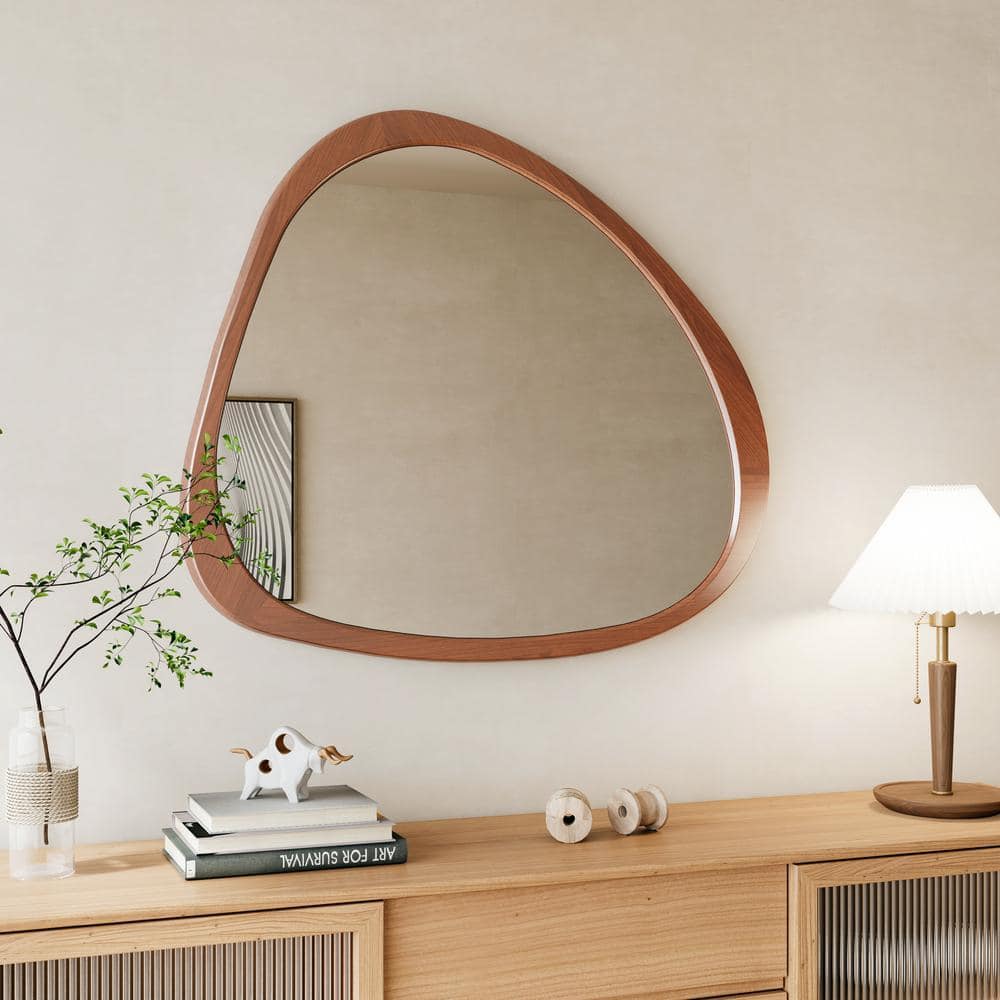 【Wooden Frame Mirror】木枠 ミラー 鏡 45 in. W x 39 in. H Asymmetrical Wood Framed Brown Mirror for