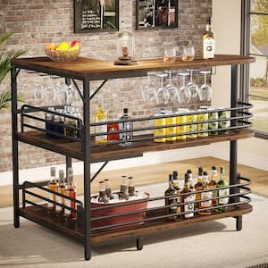 Nederland Rustic Brown 44 in. L-Shaped Home Bar Unit, 3 Tier Liquor Bar Table with Wine Glasses Holder, Corner Bar