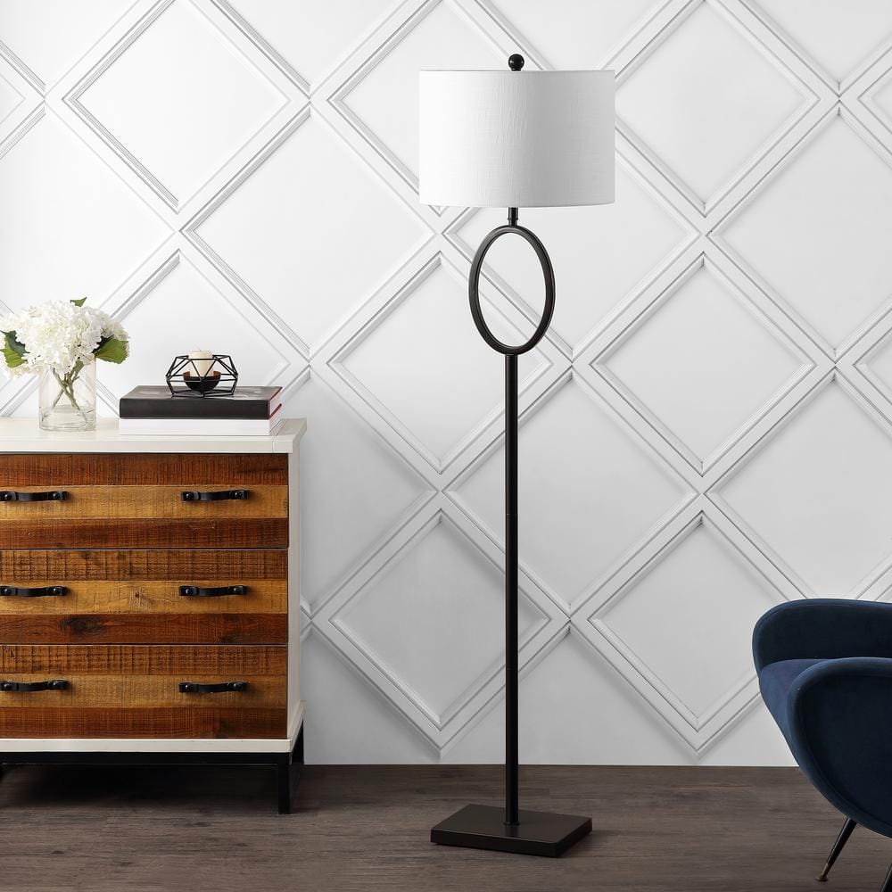 April 61" Oil-Rubbed Bronze Metal LED Floor Lamp with White Linen Shade
