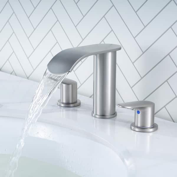 Stainless Steel 8 in. Widespread Double Handle Waterfall Bathroom Faucet with Drain and Supply Lines in Brushed Nickel