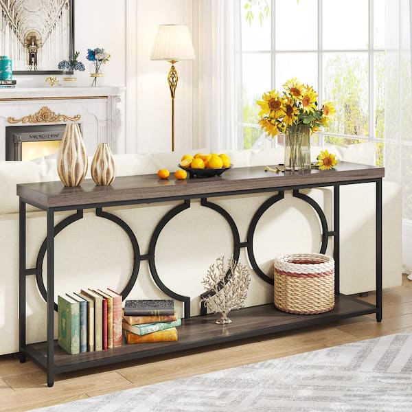 Tribesigns Catalin 71 in. Gray Rectangle Wood Console Table, 2-Tier Industrial Long Narrow Entryway Table with Storage Shelves