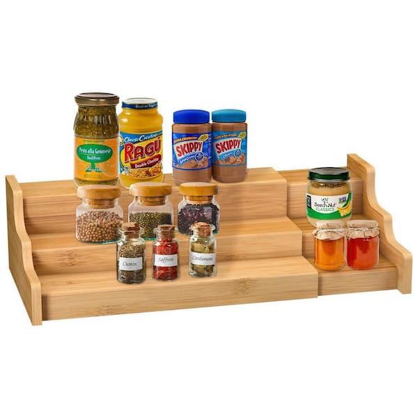3-Shelf Yellow Bamboo Countertop and Under Cabinet Tiered Spice Rack Organizer, Spice Rack Kitchen Cabinet Organizer