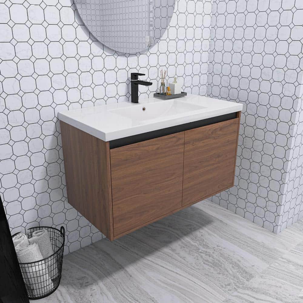 35.43 in. W x 18.11 in. D x 20.47 in. H Wall-Mounted Bath Vanity in Brown w