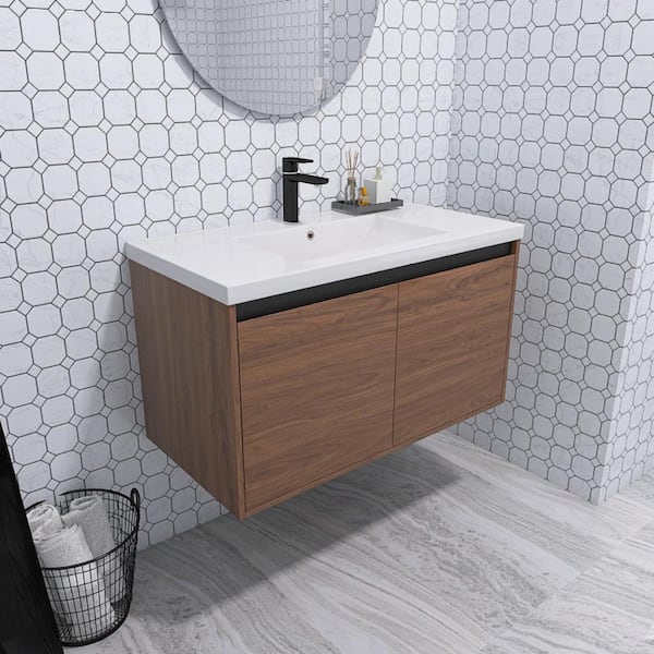 ARTCHIRLY 35.43 in. W x 18.11 in. D x 20.47 in. H Wall-Mounted Bath Vanity in Brown with White Resin Vanity Top