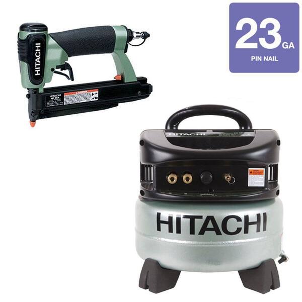 Hitachi 2-Piece 1-3/8 in. 23-Gauge Pin Nailer and 6 gal. Portable Oil-Free Pancake Compressor Kit