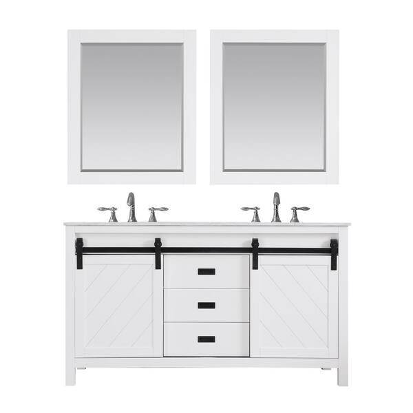 Altair Kinsley 60 in. Double Bathroom Vanity Set in White with Carrara Marble Top in White with White Basin and Mirror