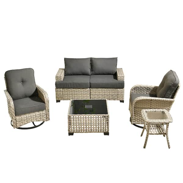 Torino Gray 6-Piece Modern Wicker Patio Conversation Deep Seating Set with Swivel Rocking Chairs and Black Cushions