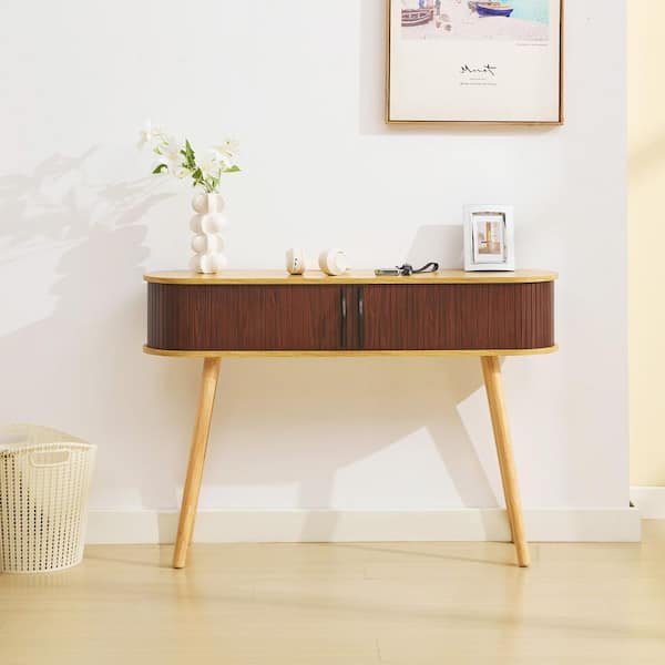 JEAREY Classic 47.24 in. Length Brown Rectangle Wood Console Table with Sliding Screen Door Storage