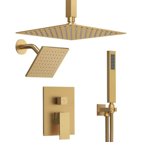 10&6 in. Dual Square Shower Heads Double Handle 3-Spray Tub and Shower Faucet 2.5 GPM in. Brushed Gold Valve Included