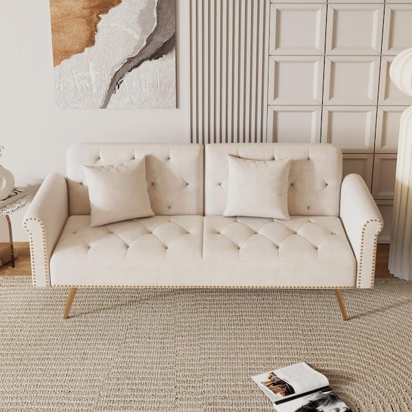 69.7 in. Beige Velvet Nail Head Modern Twin Size Sofa Bed