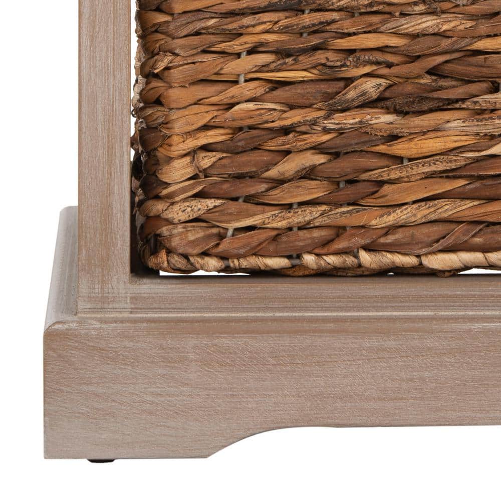 Transitional Brown Pine Wood Rectangular Side Table with 3 Wicker Baskets