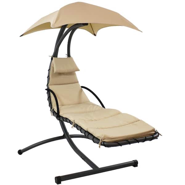 Sunnydaze Decor Steel Outdoor Floating Chaise Lounge Chair with Polyester Beige Cushions and Canopy