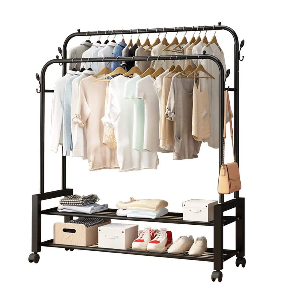 Black Metal Garment Clothes Rack Double Rods 53 in. W x 63 in. H