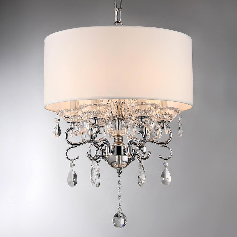 Elegant Chrome Drum Chandelier with Ivory Faux Silk Shade and Crystal Accents