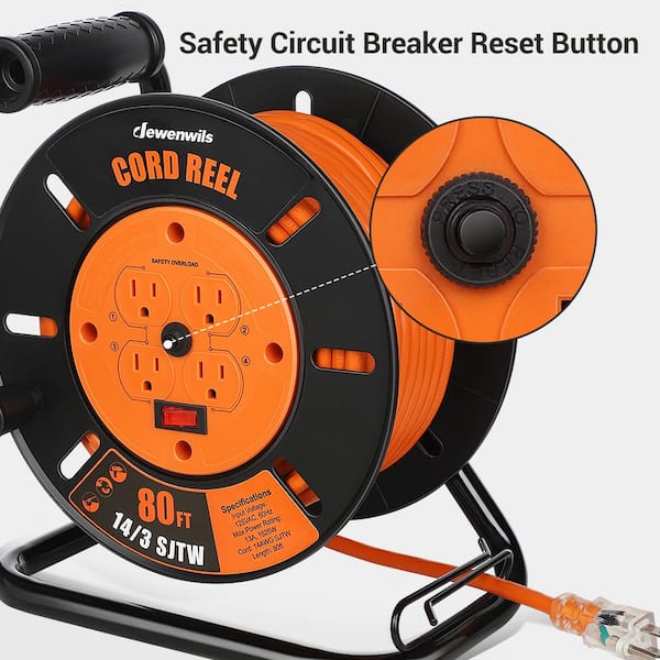 DEWENWILS Heavy Duty 80 ft. 14/3 SJTW 13 Amp Retractable Extension Cord Reel  with 4 Grounded Outlets HCRB80C - The Home Depot