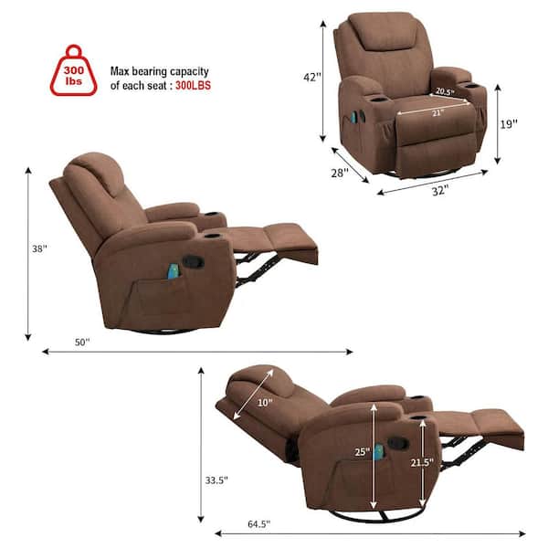 Big and Tall Chocolate Brown Recliner Swivel and Rocking Chair with Power Massage Function