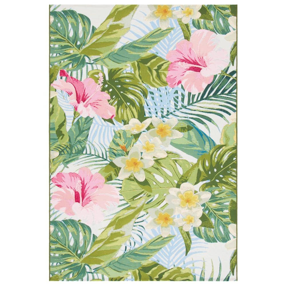 Tropical Floral Green and Pink Synthetic 4' x 6' Area Rug