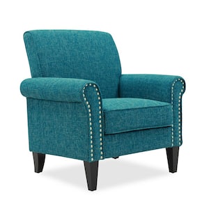 Tapley Peacock Blue and Sea Green Tweed Fabric Arm Chair with Nailhead Trim