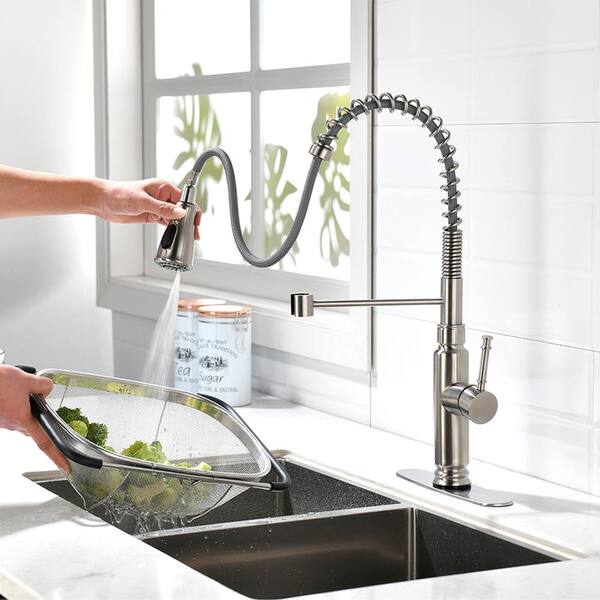 Brushed Nickel Kitchen Faucet with Pull Down Sprayer Single Handle Sink Mixer 