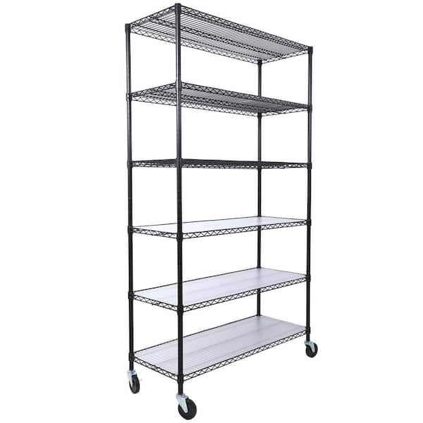Nivencai 82 in. H x 48 in. L x 18 in. D 6-Shelf Black Metal Pantry Organizer with Wheels and Shelf Liners, Storage Wire Rack