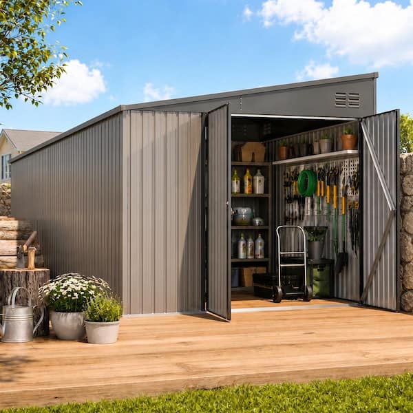 8 ft. W x 10 ft. D Outdoor Metal Lean to Shed Garden Storage Cabinet with Lockable Door in Grey (80 sq. ft. )