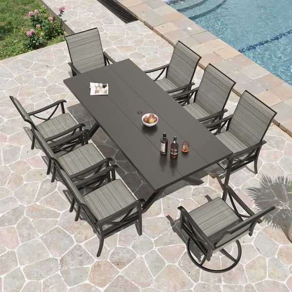 9-piece Metal Patio Outdoor Dining Set with 6 Fixed Chairs, 2 Swivel Chairs, Umbrella Hole and Brown Textilene Fabric