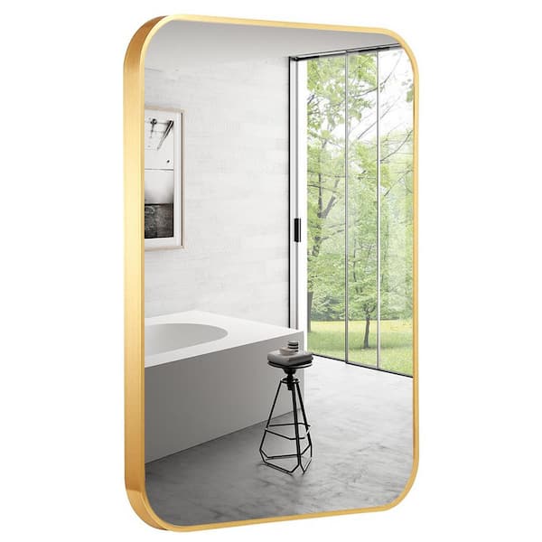 FUNKOL 32 in. L x 24 in. H Rectangular Gold Bathroom Wall Mount Vanity Mirror with Rust Resistant Rounded Aluminum Metal Frame