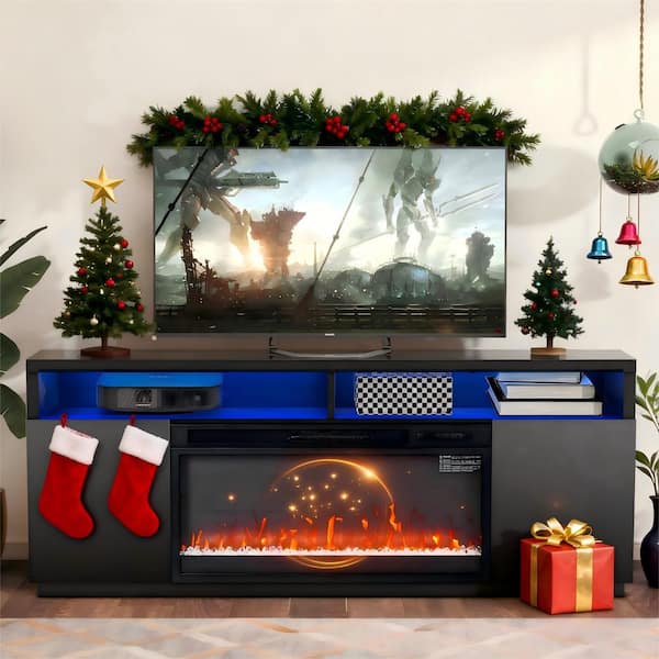 68 in. Freestanding Fireplace TV Stand for TVs Up to 75 in. with 36 in. Electric Fireplace Insert in Black