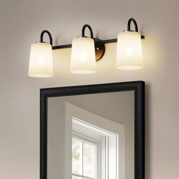 YANSUN 24 in. 3-Light Black Vanity Light with Cone White Glass Shades for Bathroom, Mirror, Vanity Area