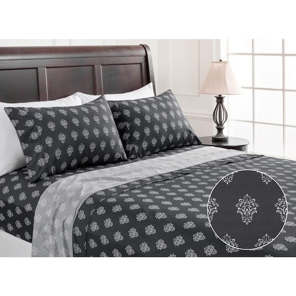 4-Piece Victorian Damask Blue Pattern Print Microfiber Bedsheets Set, King