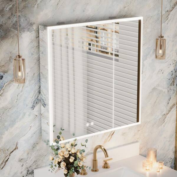 30 in. W x 30 in. H Frameless Rectangular Silver Surface Mount Medicine Cabinet with Mirror and LED Light