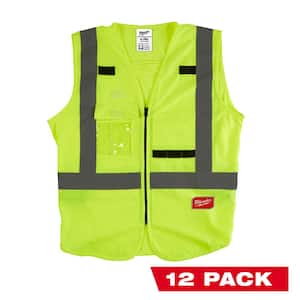 Large/X-Large Yellow Class 2 High Visibility Safety Vest with 10 Pockets (12-Pack)