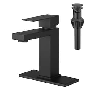 Single Handle Single Hole Bathroom Faucet with Deckplate Included With Pop Up Drain in Black