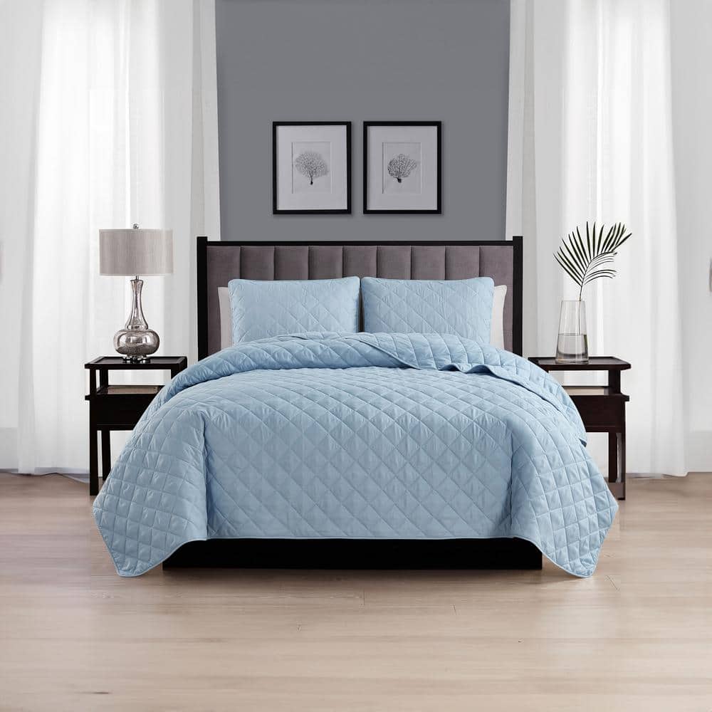Light Blue Twin Microfiber Reversible Quilt Set