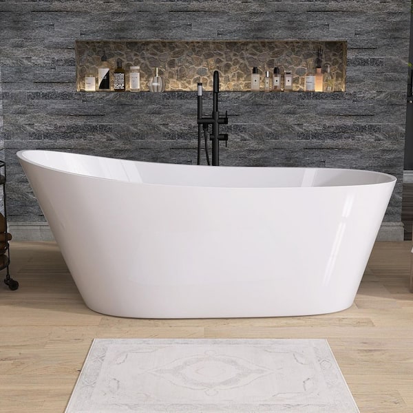 Neo 67 in. x 29.5 in. Slipper Acrylic Freestanding Soaking Bathtub Flatbottom Oval Modern Tub with Pop-Up Drain in White