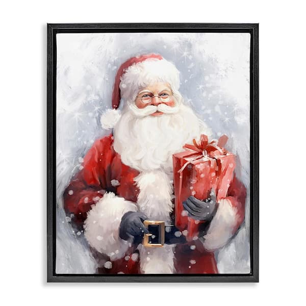Stupell Industries Santa with Red Gift by Ramona Murdock 1-Piece Floater Frame Graphic Print People Poster Art Print 21 in. x 17 in.