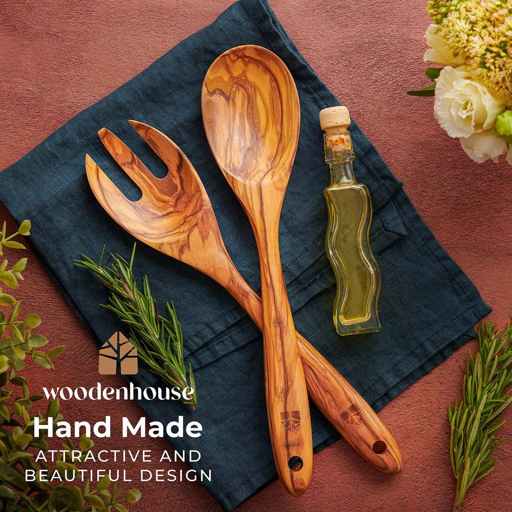 12-inch Natural Olive Wood Salad Tongs and Fork Set