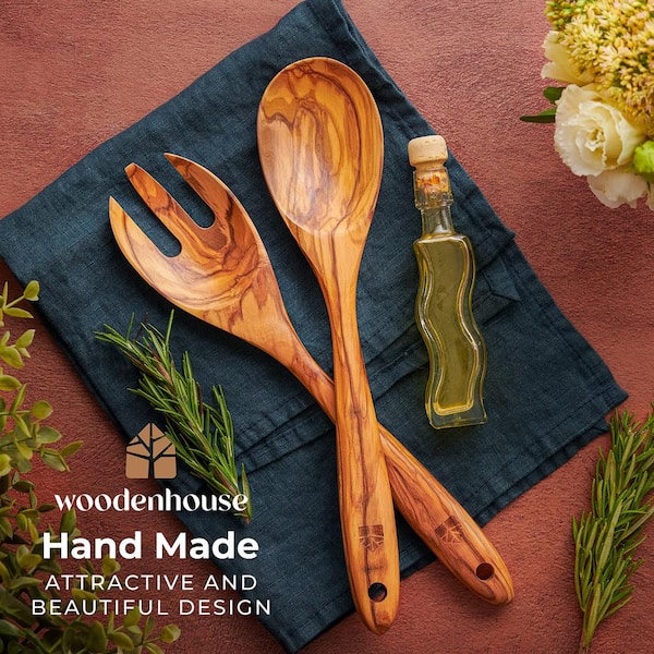 Olive Wood Salad Tongs - 12 in. Wooden Fork and Spoon Set, Natural
