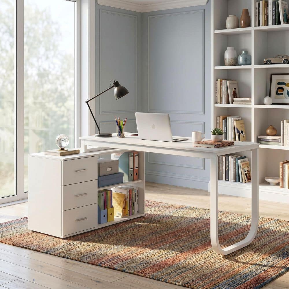 FUFU&GAGA 55.1 in. L-Shaped White Wood Writing Desk Corner Gaming