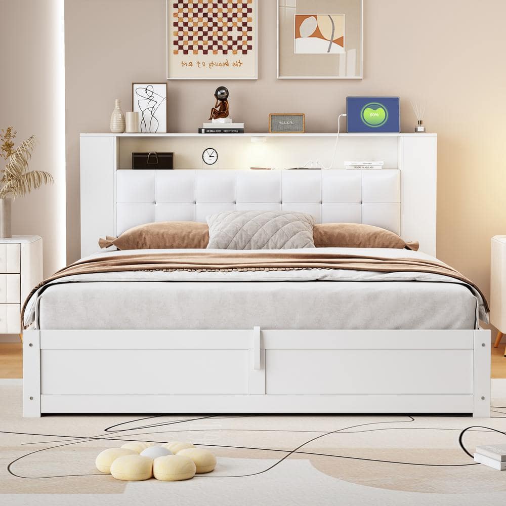 Harper & Bright Designs White Wood Frame Queen Size Platform Bed with Upholstered Headboard