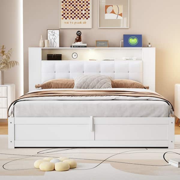 Harper & Bright Designs White Wood Frame Queen Size Platform Bed with Upholstered Headboard, Night Light, USB Ports, Hydraulic Storage System