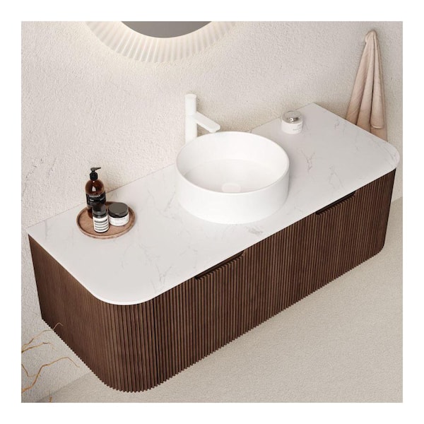 48 in. Single Sink Floating Walnut Bath Vanity with White Sintered Stone Top