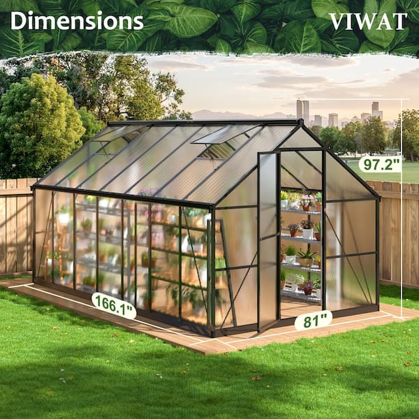 8 ft. W x 14 ft. D Greenhouse for Outdoors, Polycarbonate Greenhouse with Quick Setup Structure and Roof Vent, Black