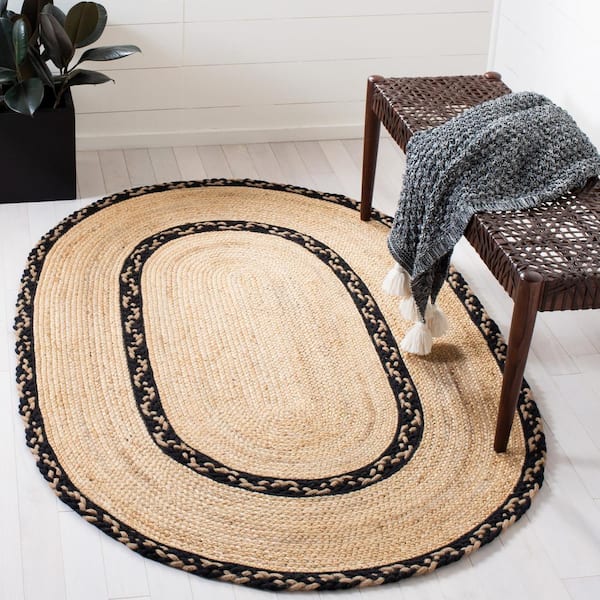 Natural Fiber Beige/Black 4 ft. x 6 ft. Border Woven Oval Area Rug