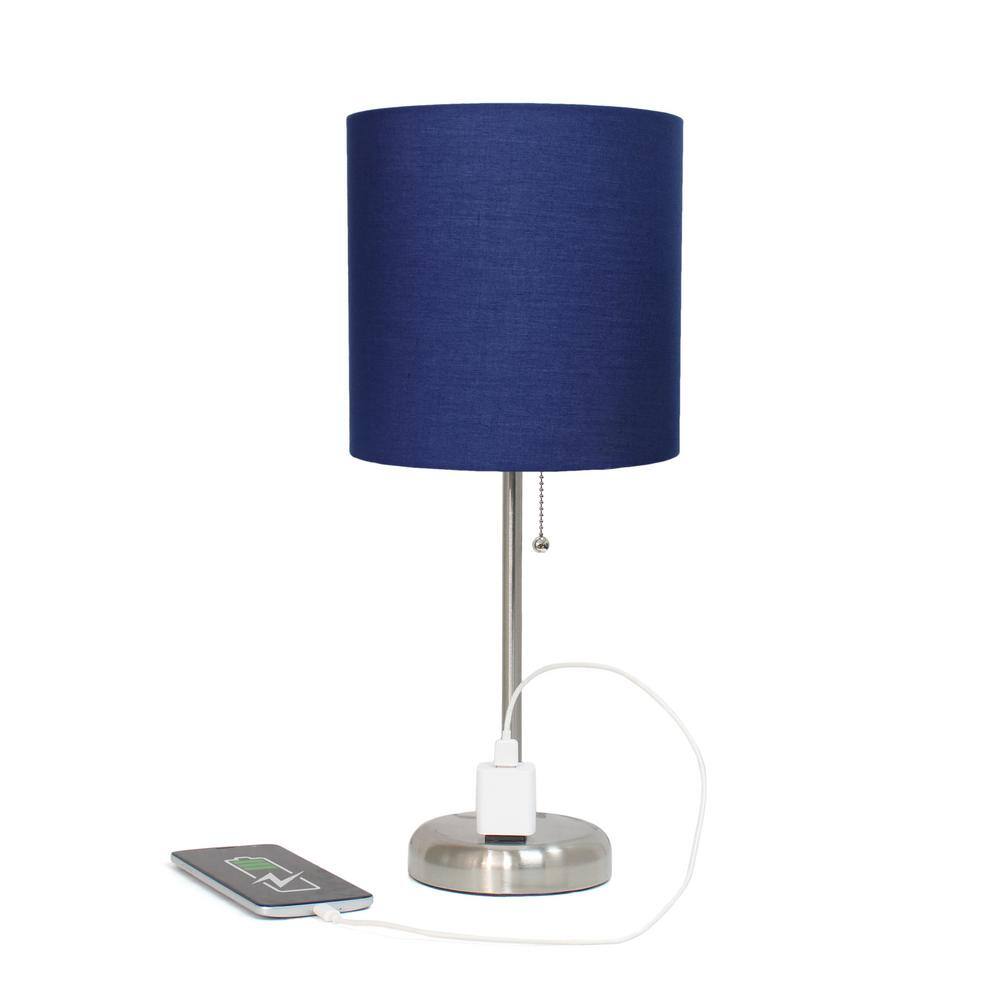 19.5" Navy Blue Fabric Shade Brushed Steel Nightstand Lamp
