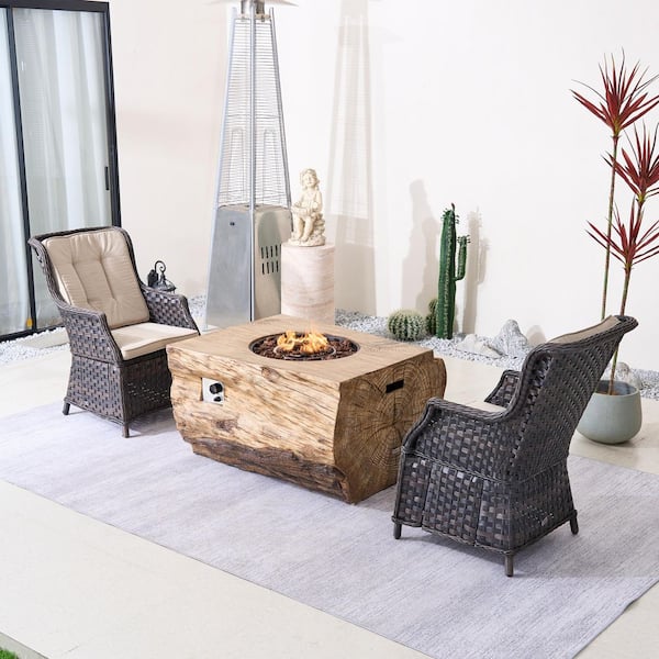 Ondina 3-Piece Brown Wicker Aluminum Outdoor Fire Pit Set with Beige Cushions-Brown Fire Pit Table