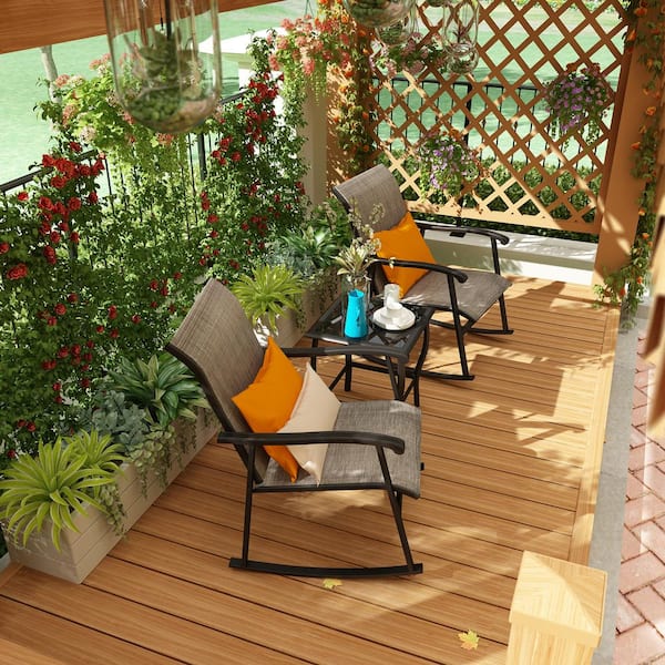 WIAWG Gray 3-Piece Metal Frame Textilene Patio Conversation Set with Glass Table, For Outdoor, Pool, Garden